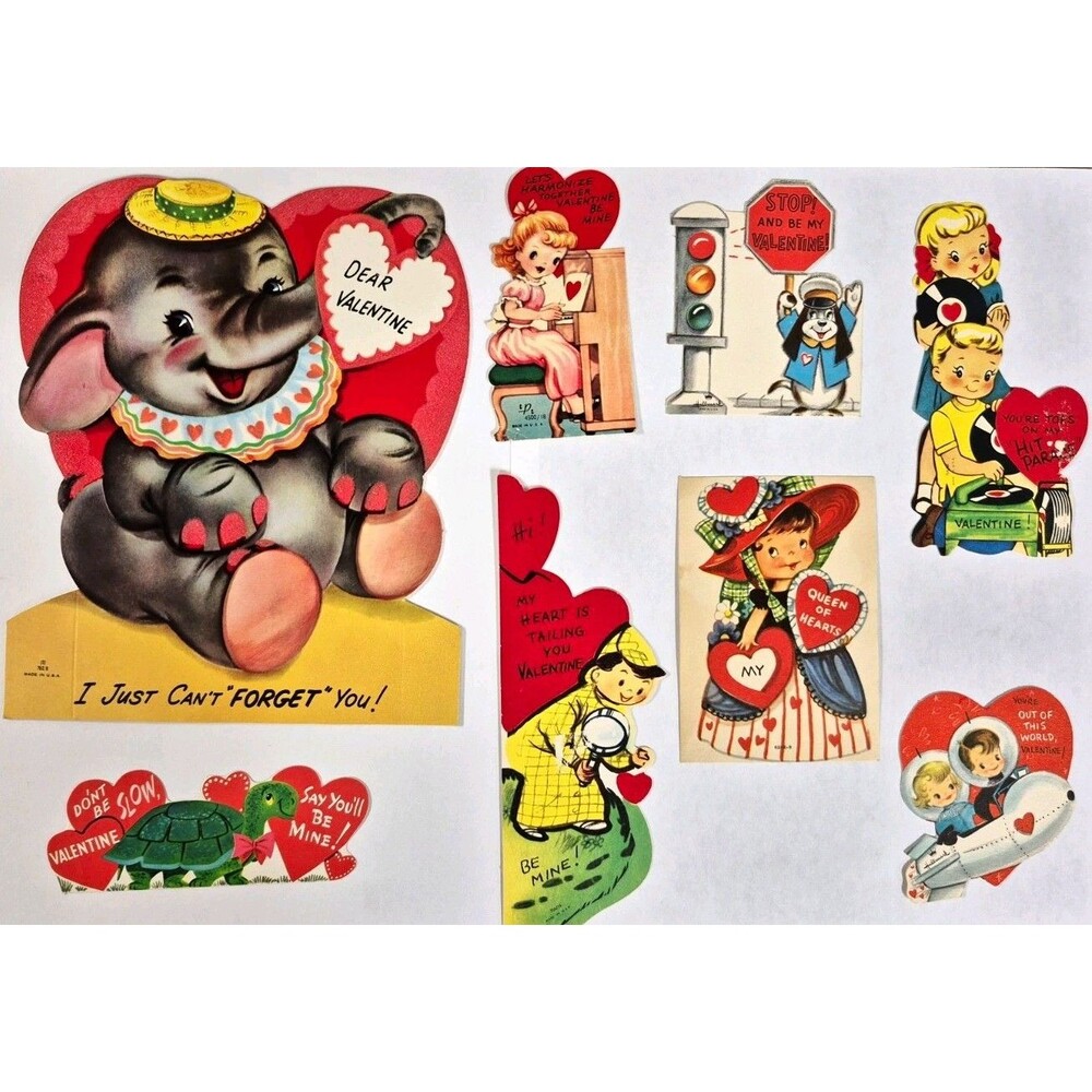 Vintage Valentine’s Day Paper Card Cut-Outs Mixed Lot Hearts & Animals